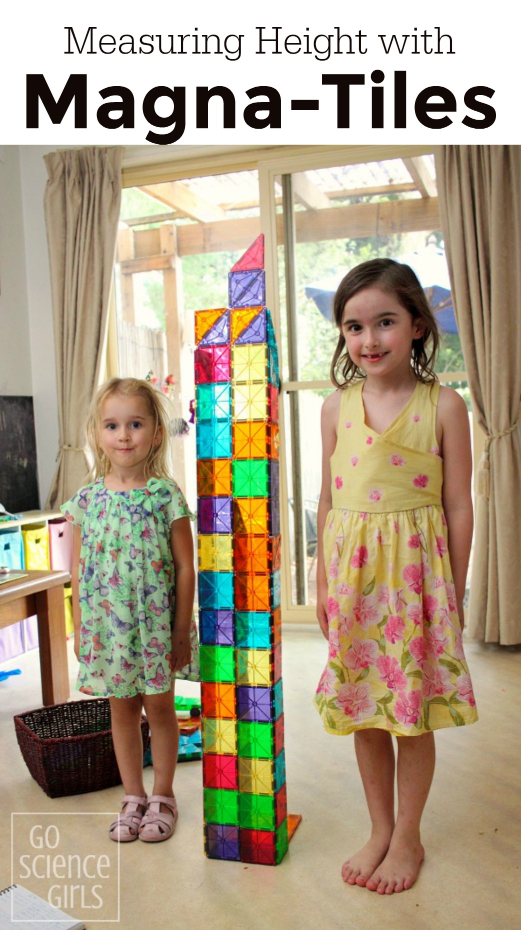 Measuring the height of kids with a Magna-Tiles tower is a fun way to practise math at home.