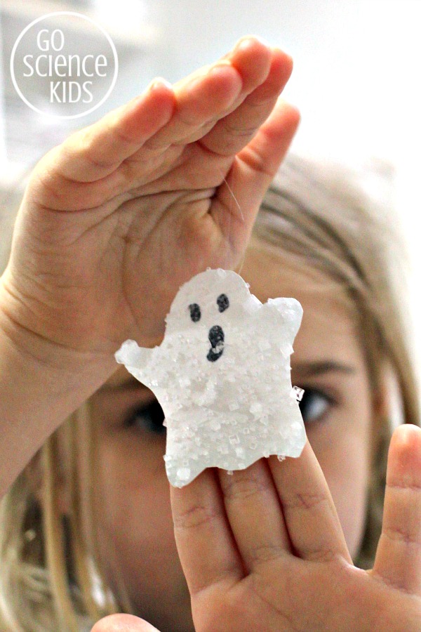 Halloween science craft - salt crystal ghost decorations