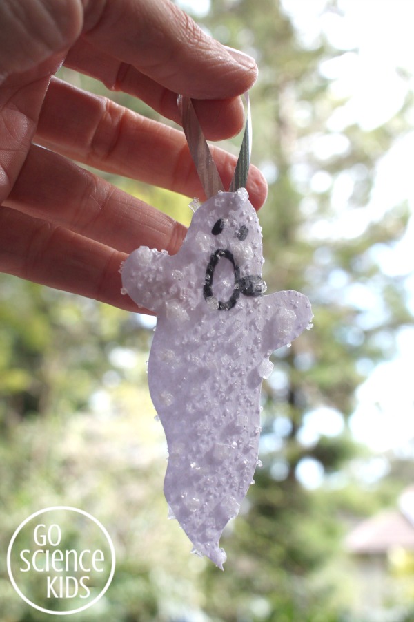 Halloween science for kids - making salt crystal ghosts